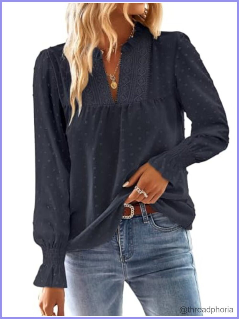 Womens Boho Flowy Blouse V-Neck Crochet Lace Long Sleeve Swiss Dot Top
